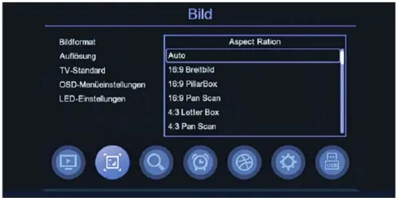 Bild Bildformat Auflösung TV-Standard OSD-Manüeinstellungen LED-Einstellungen Aspect Ration Auto 16:9 Breitbart 16:9 PillarBox 16:9 Pan Scan 4:3 Letter Box 4:3 Pan Scan