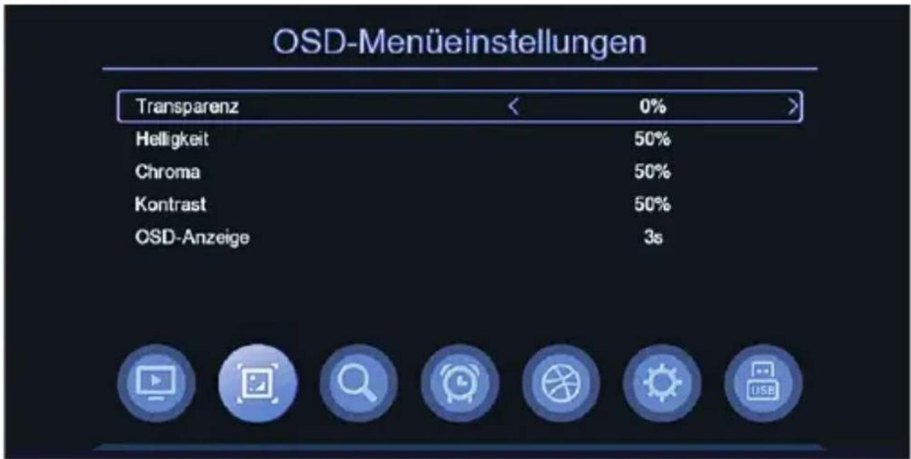 OSD-Menüeinstellungen Transparenz < 0% > Helligkeit 50% Chroma 50% Kontrast 50% OSD-Anzeige 3s