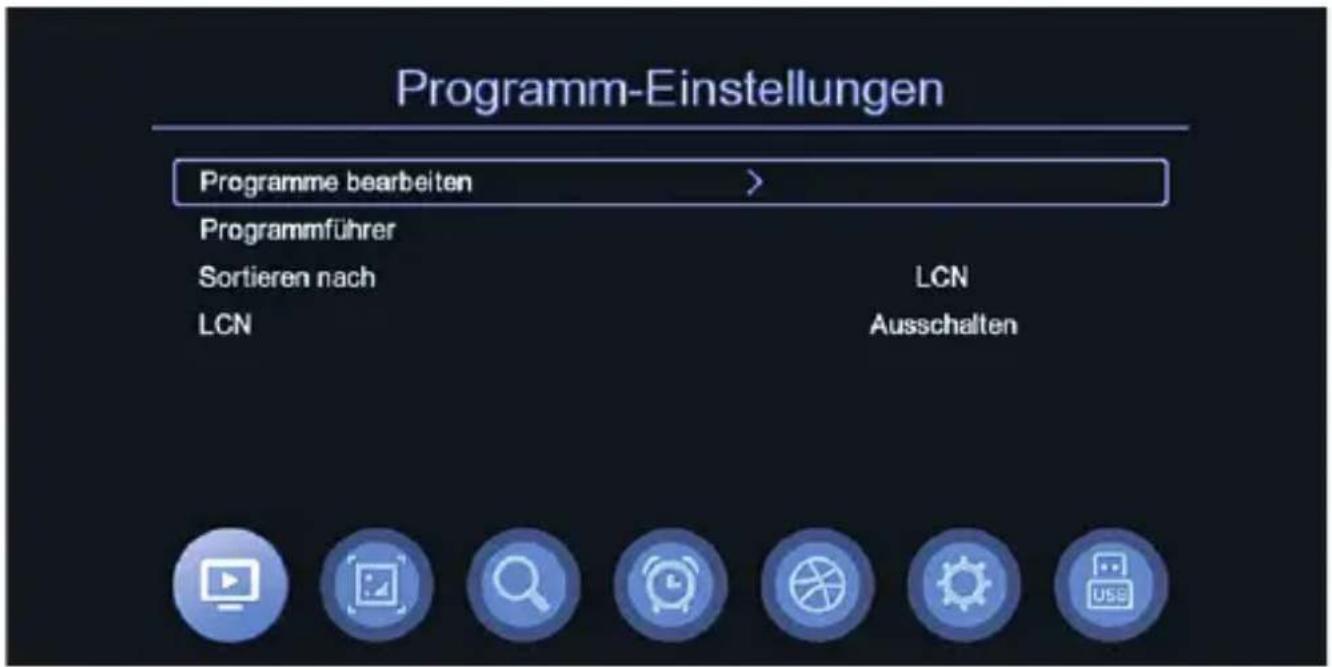 Programm-Einstellungen Programme bearbeiten > Programmführer Sortieren nach LCN LCN Ausschalten