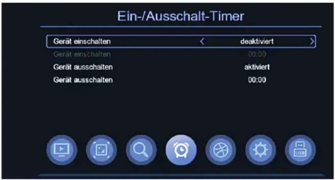 Ein-/Ausschalt-Timer Gerät einschalten < deaktiviert > Gerät einschalten 00:00 Gerät ausschalten aktiviert Gerät ausschalten 00:00