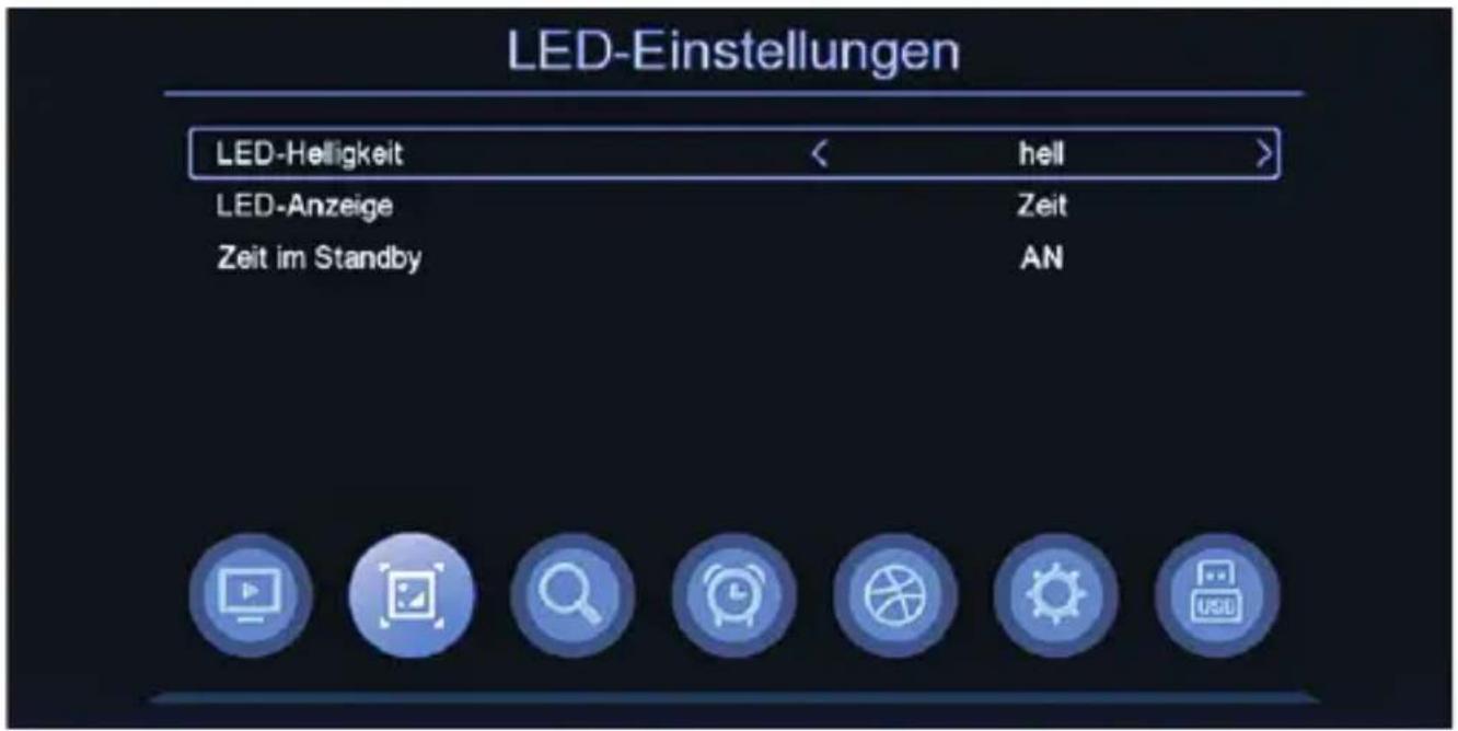 LED-Einstellungen LED-Helligkeit < hell > LED-Anzeige Zeit Zeit im Standby AN