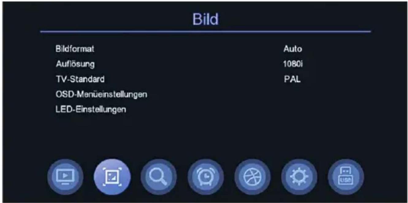 Bild Bildformat Auto Auflösung 1080i TV-Standard PAL OSD-Menüeinstellungen LED-Einstellungen