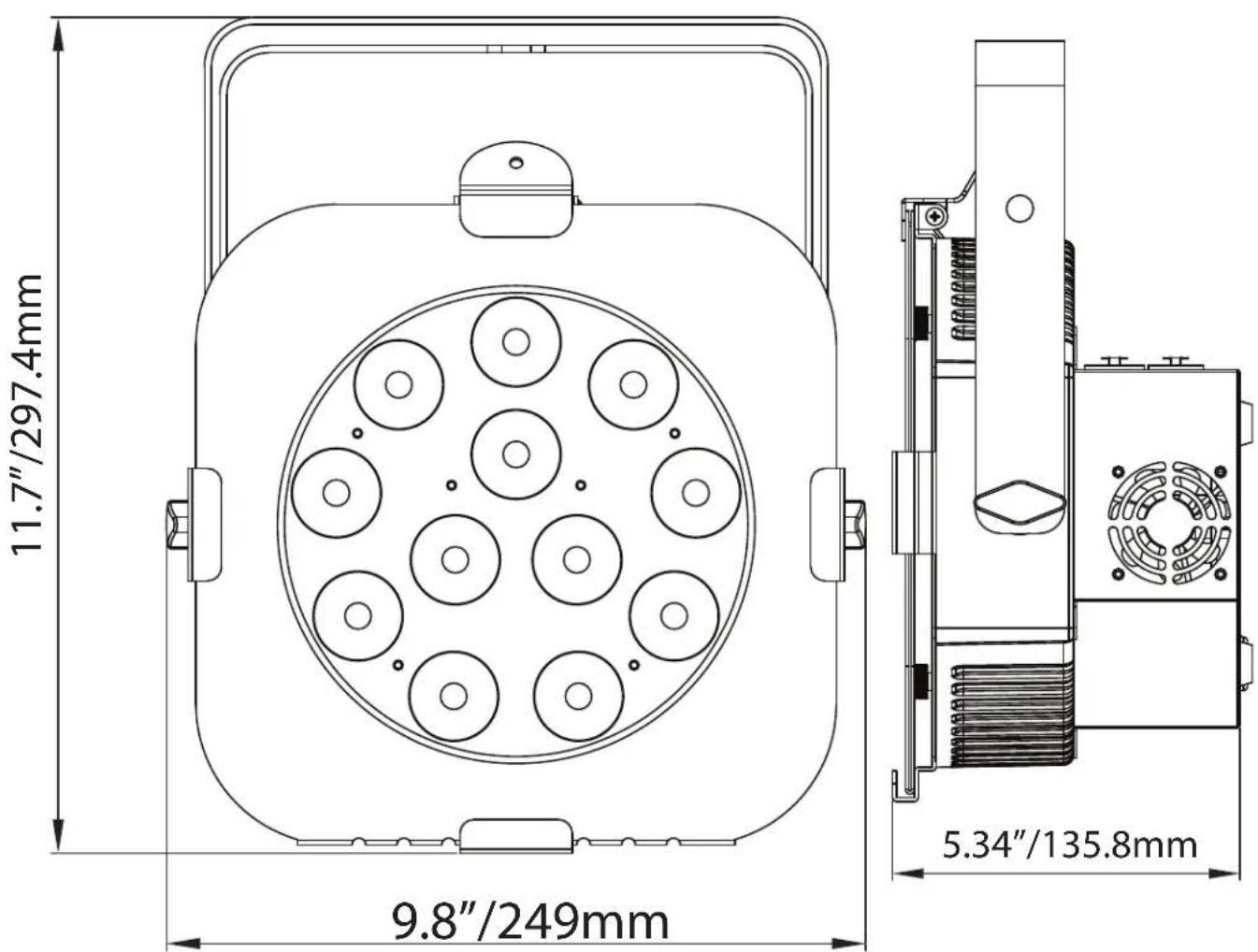 11.7"/297.4mm 9.8"/249mm 5.34"/135.8mm