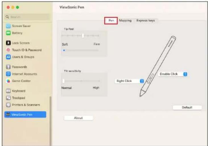 ViewSonic Pen Pen Mapping Express keys Tip Feel Soft Firm Tilt sensitivity Normal High Double Click Right Click Default About