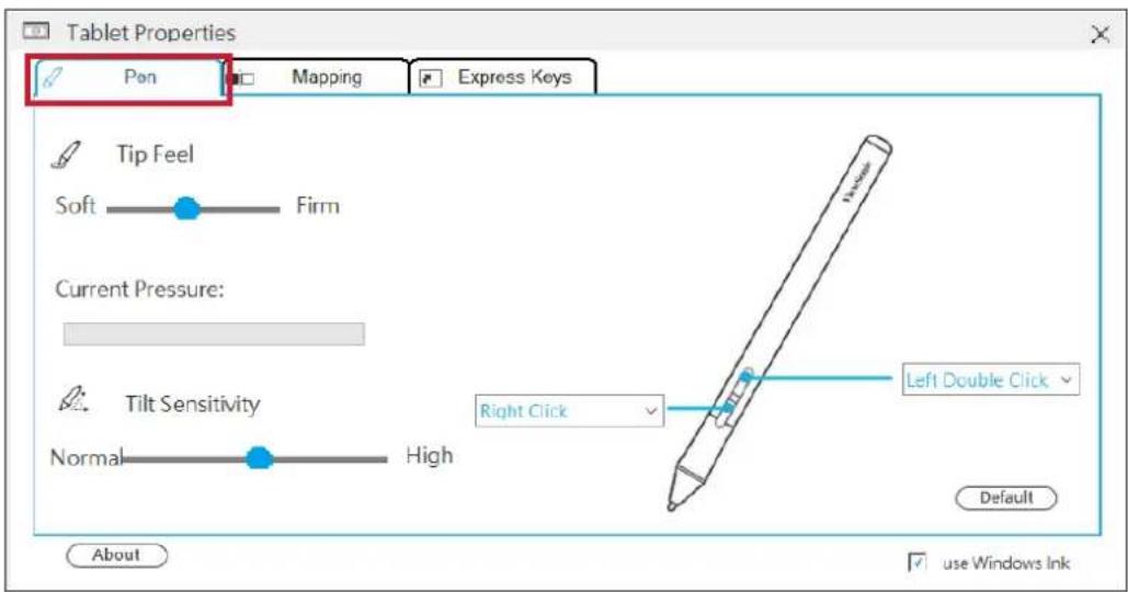 Tablet Properties Pen Mapping Express Keys Tip Feel Soft — Firm Current Pressure: Tilt Sensitivity Normal — High Right Click Left Double Click Default About use Windows Ink