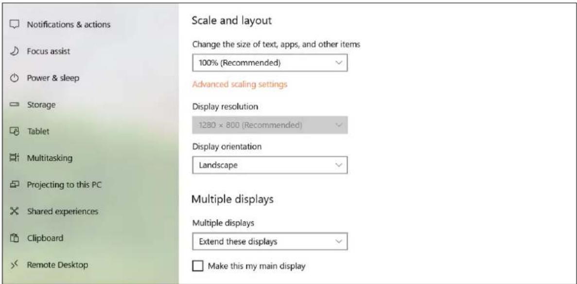 Notifications & actions Focus assist Power & sleep Storage Tablet Multitasking Projecting to this PC Shared experiences Clipboard Remote Desktop Scale and layout Change the size of text, apps, and other items 100% (Recommended) Advanced scaling settings Display resolution 1280 x 800 (Recommended) Display orientation Landscape Multiple displays Multiple displays Extend these displays Make this my main display
