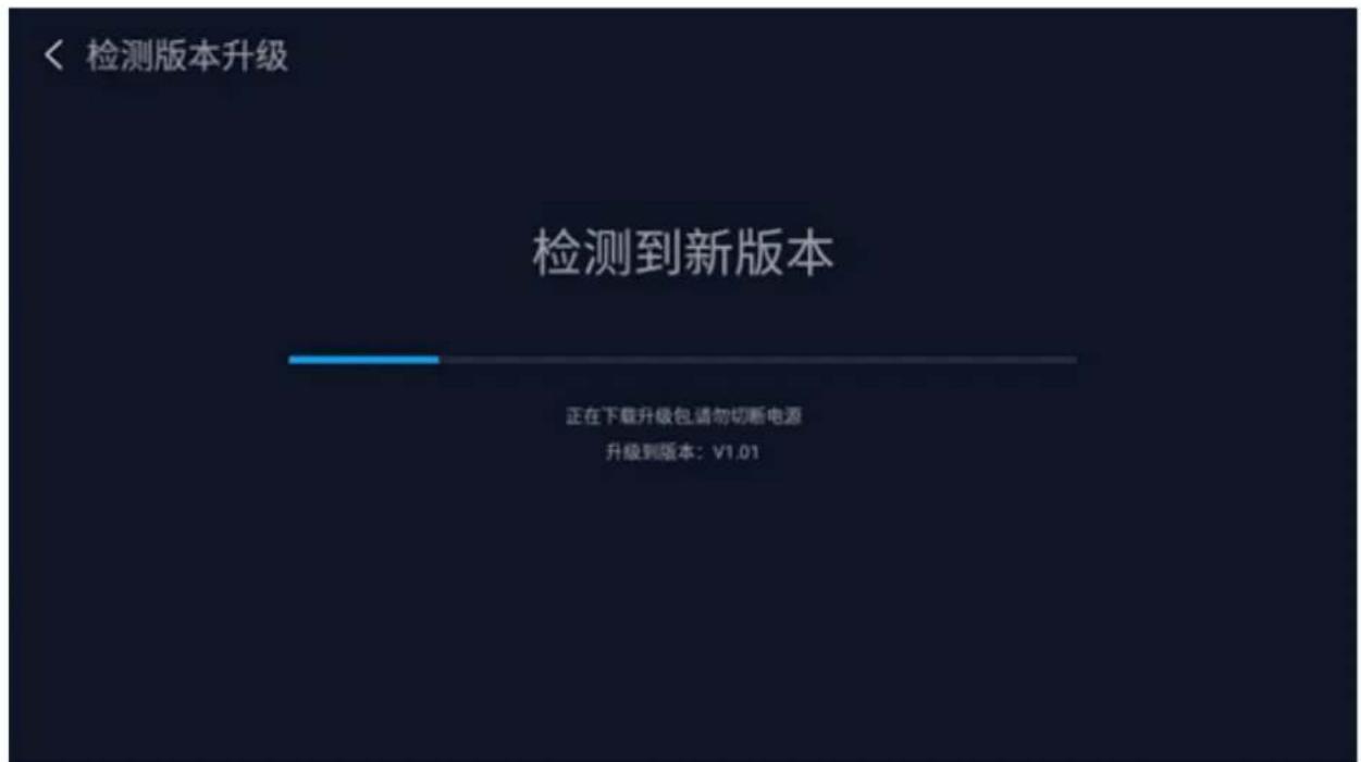 < 检测版本升级 检测到新版本 正在下载升级包请勿切断电源 升级到版本:V1.01