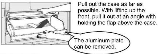 Pull out the case as far as possible. With lifting up the front, pull it out at an angle with holding the flap above the case. The aluminum plate can be removed.