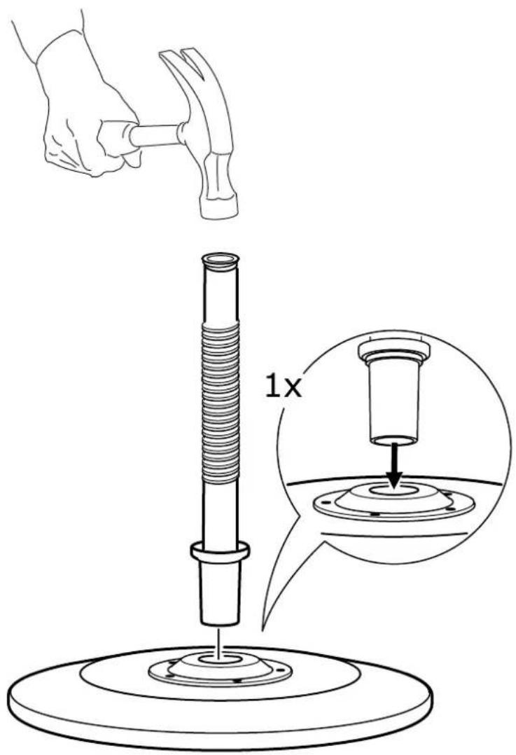 Technical diagram showing a hand using a hammer to press a cylindrical component, with an inset magnified view highlighting the 1x ratio of mechanical load.