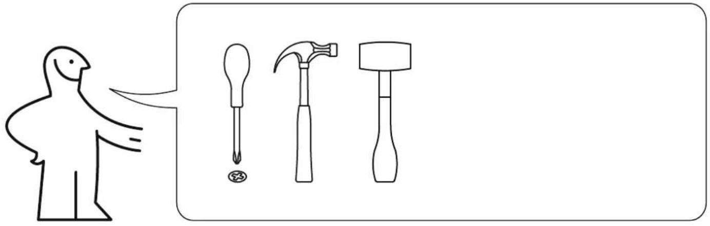 Illustration showing a bird pointing to three hand tools: a tool, a hammer, and a screwdriver, with a small circular symbol below.