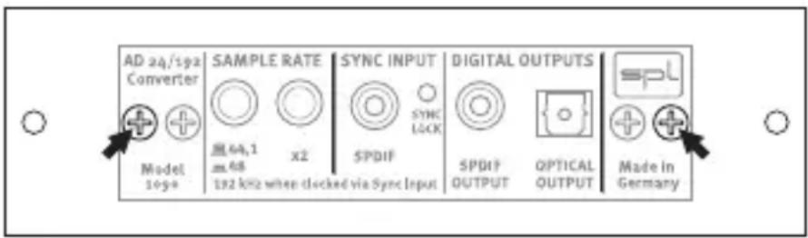 AD 24/192 Converter Model 10-90 SAMPLE RATE 黑64.1 m.68 x2 192 kHz when clocked via Sync Input SYNC INPUT SPDIF SYNC LOCK DIGITAL OUTPUTS SPDIF OUTPUT OPTICAL OUTPUT Made in Germany