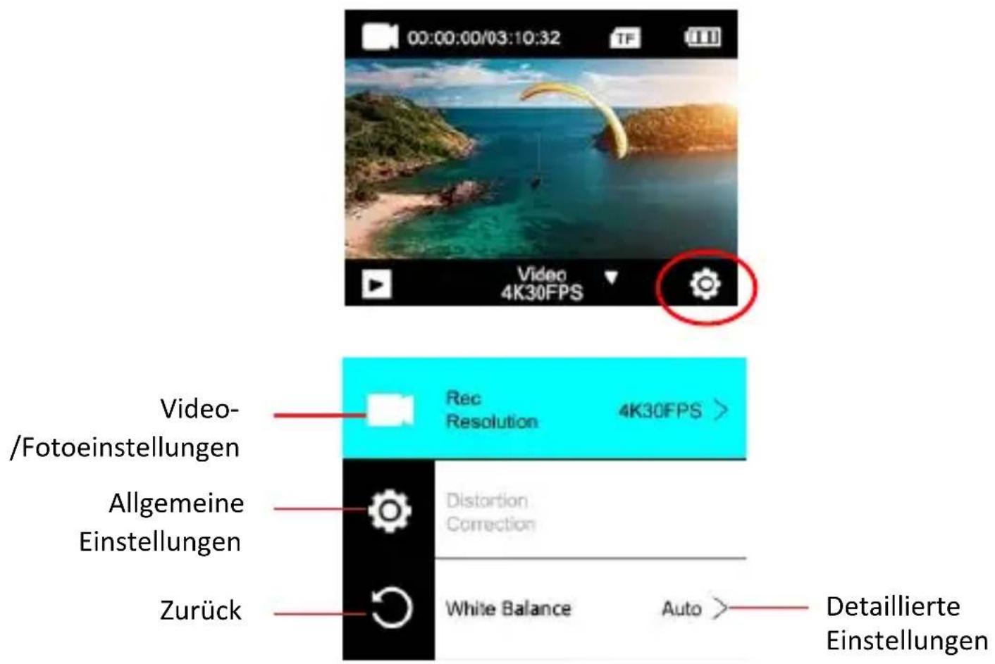00:00:00/03:10:32 Video 4K30FPS Video-/Fotoeinstellungen Allgemeine Einstellungen Zurück Rec Resolution 4K30FPS > Distortion Correction White Balance Auto > Detaillierte Einstellungen