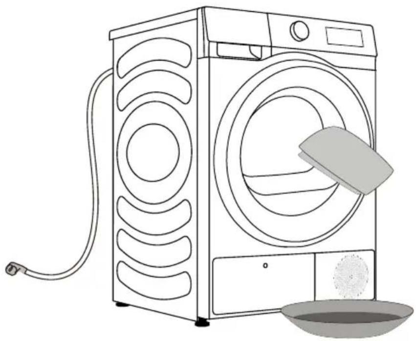 Line drawing of a washing machine with a side arm and a dish nearby (no text or symbols)