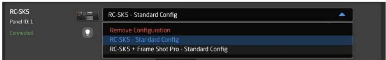 RC-SK5 Panel ID: 1 Connected RC-SK5 - Standard Config Remove Configuration RC-SK5 - Standard Config RC-SK5 + Frame Shot Pro - Standard Config