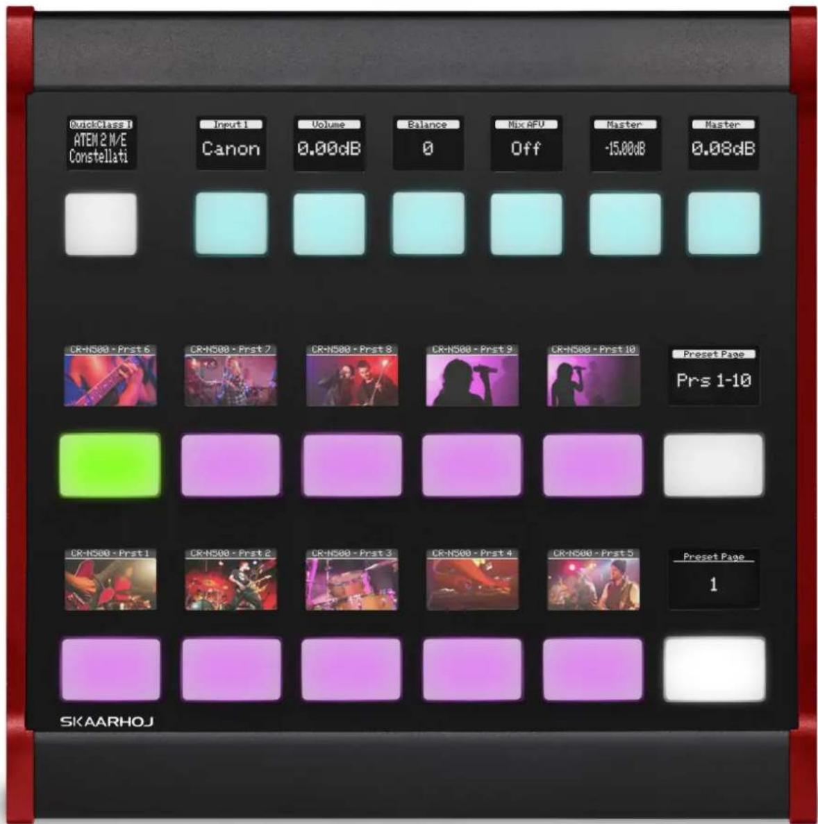 QuickClass I ATEN 2 M/E Constellati Input 1 Canon Volume 0.00dB Balance 0 Mix AFU Off Master -15.00dB Master 0.08dB CR-N500 - Prst 6 CR-N500 - Prst 7 CR-N500 - Prst 8 CR-N500 - Prst 9 CR-N500 - Prst 10 Preset Page Prs 1-10 CR-N500 - Prst 1 CR-N500 - Prst 2 CR-N500 - Prst 3 CR-N500 - Prst 4 CR-N500 - Prst 5 Preset Page 1 SKAARHOJ
