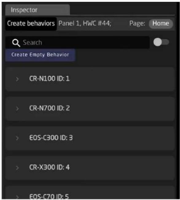 Inspector Create behaviors Panel 1, HWC #44; Page: Home Search Create Empty Behavior > CR-N100 ID: 1 > CR-N700 ID: 2 > EOS-C300 ID: 3 > CR-X300 ID: 4 > EOS-C70 ID: 5