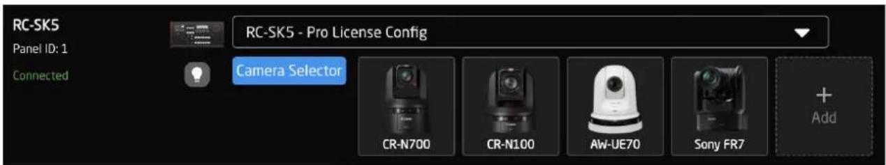 RC-SK5 Panel ID: 1 Connected RC-SK5 - Pro License Config Camera Selector CR-N700 CR-N100 AW-UE70 Sony FR7 + Add