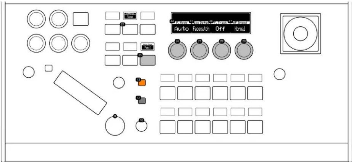 Control panel interface with labeled buttons, display screen, and various function icons including facecatch, stop, and control buttons.