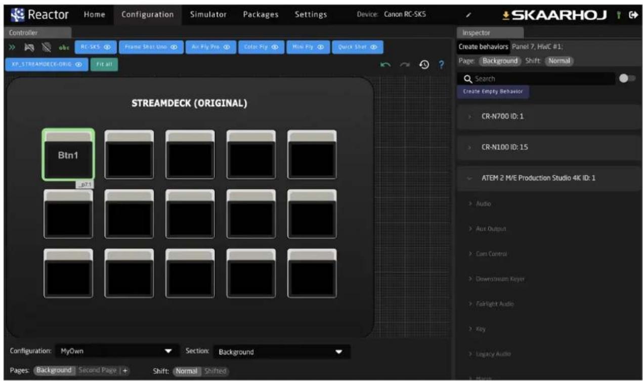 Reactor Home Configuration Simulator Packages Settings Device: Canon RC-SKS Controller abc RC SKS Frame Shot Uno Aux Fly Pro Color Fly Mini Fly Quick Shot XP_STREAMDECK-ORIG Fit all STREAMDECK (ORIGINAL) Btn1 p7.1 Configuration: MyOwn Section: Background Pages: Background Second Page Shift: Normal Shifted Inspector Create behaviors Panel 7, HwC #1; Page: Background Shift Normal Search Create Empty Behavior CR-N700 ID: 1 CR-N100 ID: 15 ATEM 2 M/E Production Studio 4K ID: 1 Audio Aux Output Cam Control Downstream Keyer Fairlight Audio Key Legacy Audio