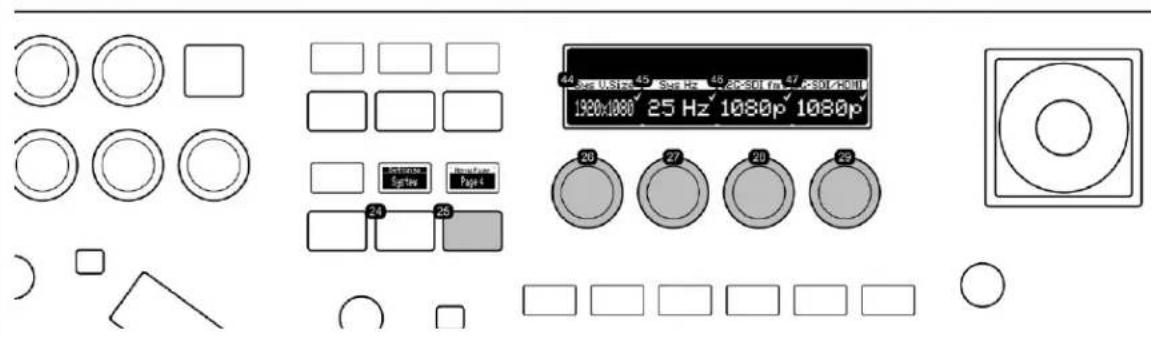 Cropped image of a device control panel with circular and square icons, display screen, and various function buttons.