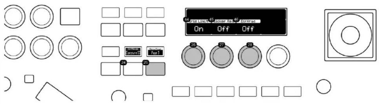 Cropped image of a control panel interface with labeled buttons, display, and various geometric shapes.