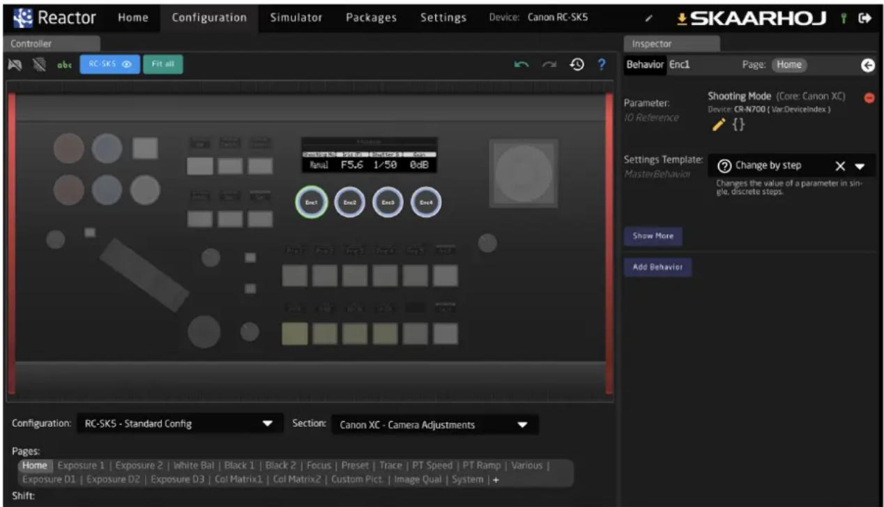 Reactor Home Configuration Simulator Packages Settings Device: Canon RC-SK5 Controller abc RC-SK5 Fit all Inspector Behavior Enc1 Page: Home Parameter: IO Reference Shooting Mode (Core: Canon XC) Device: CR-N700 (Var.DeviceIndex ) { Settings Template: MasterBehavior Change by step Changes the value of a parameter in single, discrete steps. Show More Add Behavior Configuration: RC-SK5 - Standard Config Section: Canon XC - Camera Adjustments Pages: Home | Exposure 1 | Exposure 2 | White Bal | Black 1 | Black 2 | Focus | Preset | Trace | PT Speed | PT Ramp | Various | Exposure D1 | Exposure D2 | Exposure D3 | Col Matrix1 | Col Matrix2 | Custom Pict. | Image Qual | System | Shift: