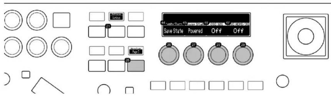 Cropped image of a control panel interface with labeled buttons, checkboxes, and icons for display settings.