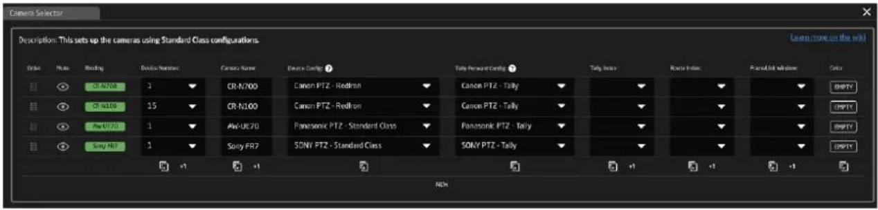 Camera Selector Description: This sets up the cameras using Standard Class configurations. Learn now on the web Label Note Reading Device Number Camera Name Device Config: Tally Percept Config: Tally Index Rout Index Forward Mode Window Color CR-N700 1 CR-N700 Canon PTZ - Redtron Canon PTZ - Tally OKPTY CR-N109 15 CR-N100 Canon PTZ - Redtron Canon PTZ - Tally OKPTY AW-UT20 1 AW-UC20 Panasonic PTZ - Standard Class Panasonic PTZ - Tally OKPTY Sony FR7 1 Sony FR7 SONY PTZ - Standard Class SONY PTZ - Tally OKPTY +1 +1 NDH