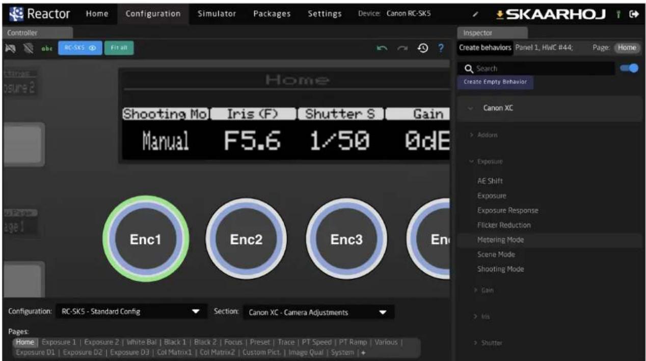 Reactor Home Configuration Simulator Packages Settings Device: Canon RC-SK5 SKAARHOJ Controller abc RC-SK5 En an Home Shooting Mo Iris (F) Shutter S Gain Manual F5.6 1/50 0dB Enc1 Enc2 Enc3 Enc Configuration: RC-SK5 - Standard Config Section: Canon XC - Camera Adjustments Pages: Home | Exposure 1 | Exposure 2 | White Bal | Black 1 | Black 2 | Focus | Preset | Trace | PT Speed | PT Ramp | Various | Exposure D1 | Exposure D2 | Exposure D3 | Col Matrix1 | Col Matrix2 | Custom Pict. | Image Qual | System | Inspector Create behaviors Panel 1, HWC #44; Page: Home Search Create Empty Behavior Canon XC Addons Exposure AE Shift Exposure Exposure Response Flicker Reduction Metering Mode Scene Mode Shooting Mode Gain Iris Shutter