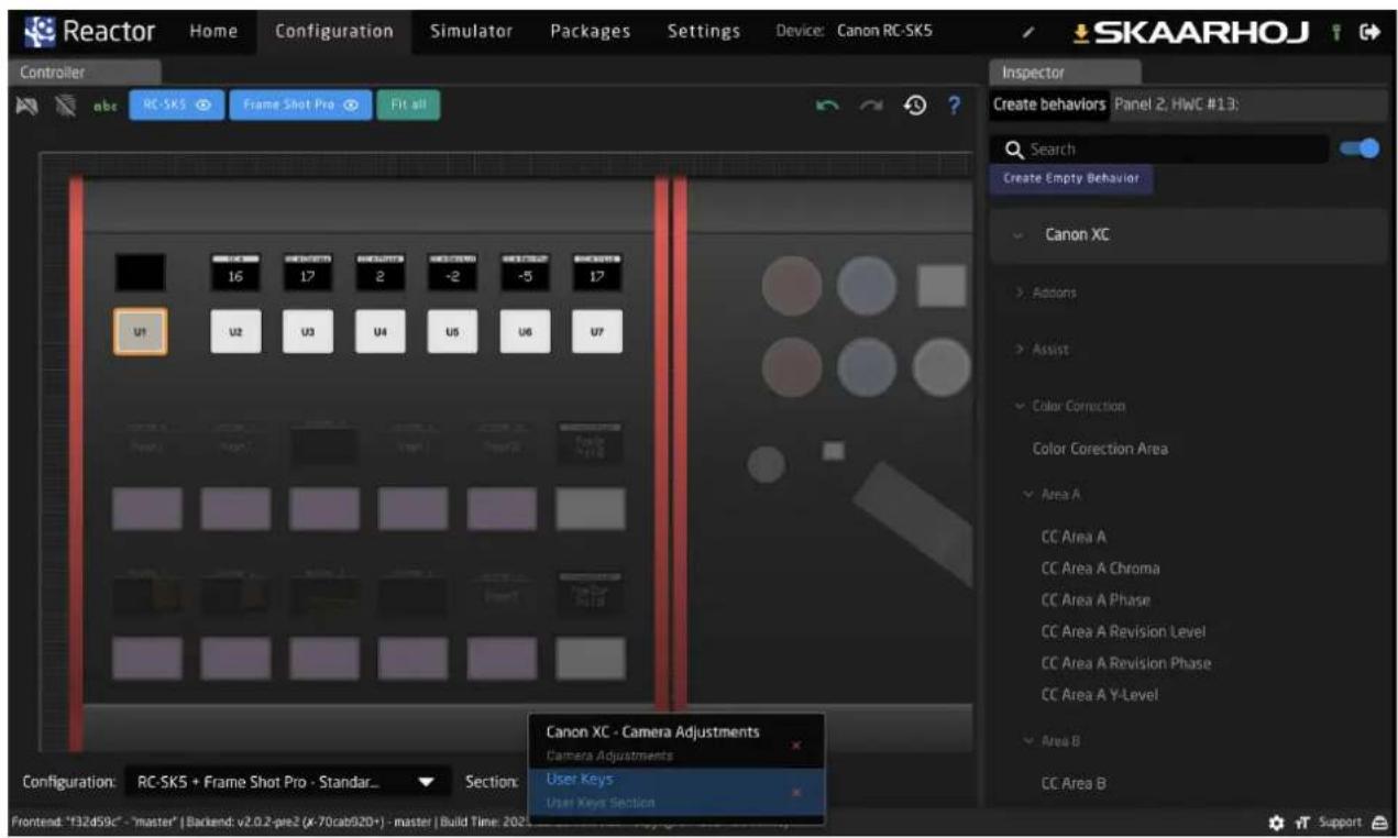Reactor Home Configuration Simulator Packages Settings Device: Canon RC-SK5 SKAARHOJ Controller abc RC-SK5 Frame Shot Pro Fit all Inspector Create behaviors Panel 2: HWC #13: Search Create Empty Behavior Canon XC > Addons > Assist Color Correction Color Correction Area Area A CC Area A CC Area A Chroma CC Area A Phase CC Area A Revision Level CC Area A Revision Phase CC Area A Y-Level Area B CC Area B Configuration: RC-SK5 + Frame Shot Pro - Standar_ Section: Canon XC - Camera Adjustments Camera Adjustments User Keys User Keys Section Frontend: "F32d59c" - "master" | Backend: v2.0.2-pre2 (x-70cab920+) - master | Build Time: 202