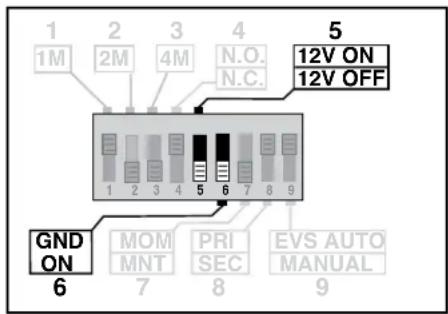 1 1M 2 2M 3 4M N.O. N.C. 5 12V ON 12V OFF GND ON 6 7 8 9 MOM MNT PRI SEC EVS AUTO MANUAL