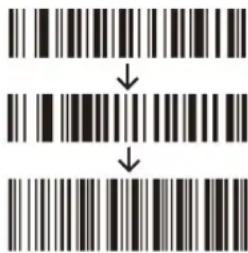 Image showing three vertical barcode patterns with arrows indicating transformation or mapping from top to bottom.