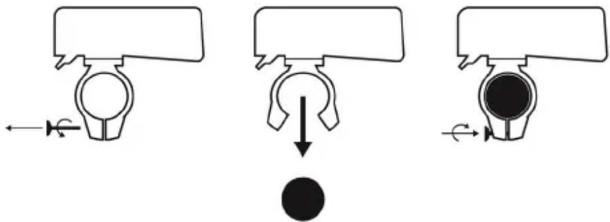Diagram illustrating three mechanical or electrical component states with directional arrows and a black circular symbol at the bottom.