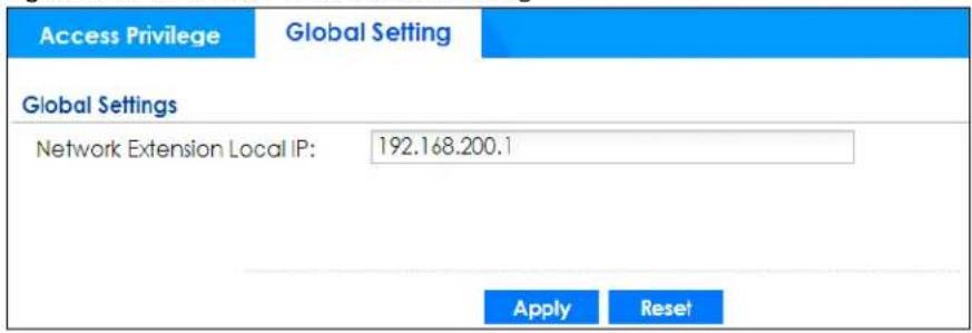 Access Privilege Global Setting Global Settings Network Extension Local IP: 192.168.200.1 Apply Reset