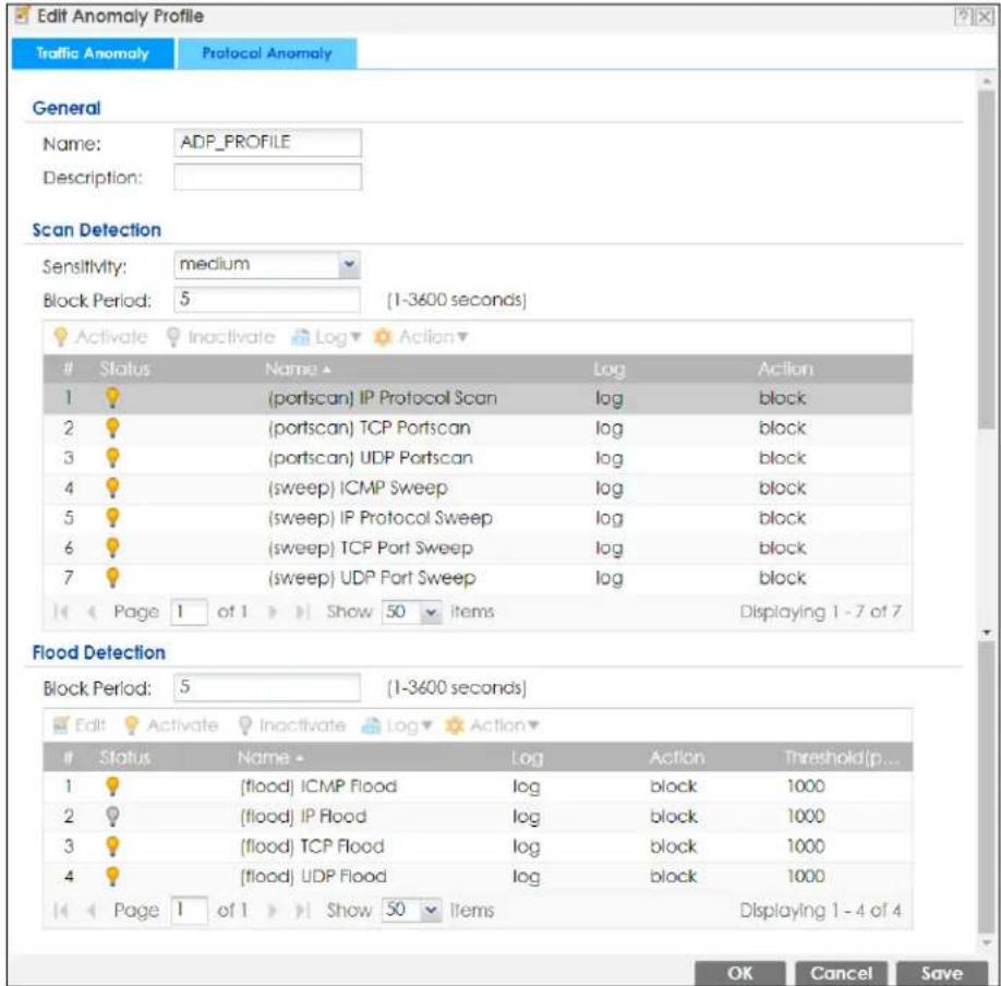 Edit Anomaly Profile Traffic Anomaly Protocol Anomaly General Name: ADP_PROFILE Description: Scan Detection Sensitivity: medium Block Period: 5 (1-3600 seconds) Status Name Log Action 1 (portscan) IP Protocol ScanLoad log block 2 (portscan) TCP PortscanLoad log block 3 (portscan) UDP PortscanLoad log block 4 (sweep) ICMP SweepLoad log block 5 (sweep) IP Protocol SweepLoad log block 6 (sweep) TCP Port SweepLoad log block 7 (sweep) UDP Port SweepLoad log block Page 1 of 1 Show 50 items Displaying 1 - 7 of 7 Flood Detection Block Period: 5 (1-3600 seconds) Edit Activate Inactivate\Log Action Status Name Log Action Treshold(p... 1 flood) ICMP FloodLoad log block 1000 2 flood) IP FloodLoad log block 1000 3 flood) TCP FloodLoad log block 1000 4 flood) UDP FloodLoad log block 1000 Page 1 of 1 Show 50 Items Displaying 1 - 4 of 4 OK Cancel Save