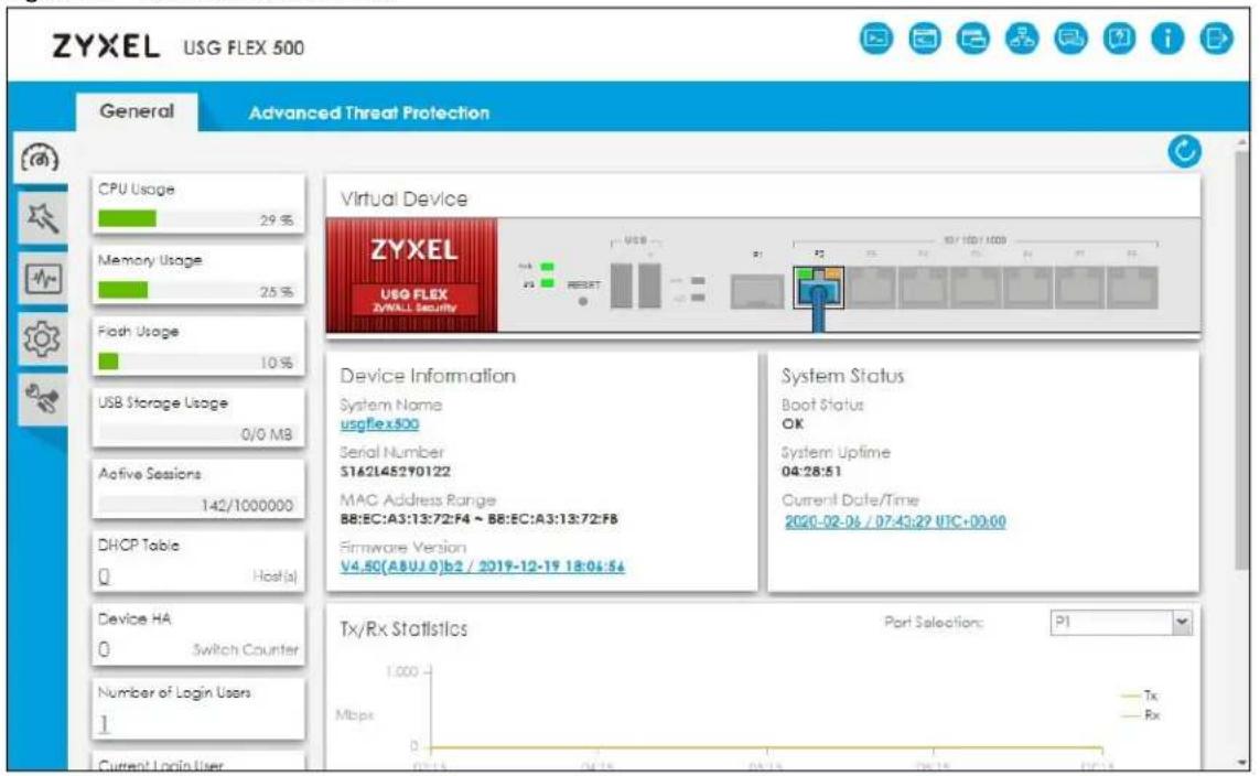 ZYXEL USG FLEX 500 General Advanced Threat Protection CPU Usage 29 % Memory Usage 25 % Flash Usage 10 % USB Storage Usage 0/0 MB Active Sessions 142/1000000 DHCP Table Q Host(a) Device HA 0 Switch Counter Number of Login Users 1 Current Login User Virtual Device ZYXEL USG FLEX ZYNALL Security Device Information System Name usgflex500 Serial Number S162145290122 MAC Address Range BB:EC:A3:13:72:F4 - BB:EC:A3:13:72:F8 Firmware Version V4.50(ABUJ.0)b2 / 2019-12-19 18:04:54 System Status Boot Status OK System Uptime 04:28:51 Current Date/Time 2020-02-06 / 07:43:29 U1C:00:00 Tx/Rx Statistics Port Selection: 1.000 Mbps —— Tx — —— Rx