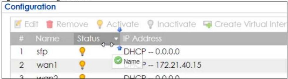 Configuration Edit Remove Activate Inactivate Create Virtual Inter Name Status IP Address 1 sfp DHCP -- 0.0.0.0 2 wan1 Name - 172.21.40.15 3 wan2 DHCP -- 0.0.0.