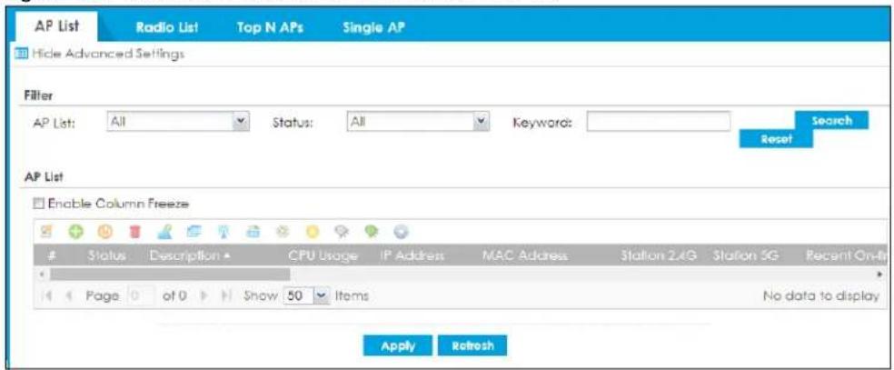 AP List Radio List Top N APs Single AP Hide Advanced Settings Filter AP List: All Status: All Keyword: Search Reset AP List Enable Column Freeze Status Description CPU Usage IP Address MAC Address Station 24G Station 5G Recent On- Page of Show 50 Items No data to display Apply Refresh
