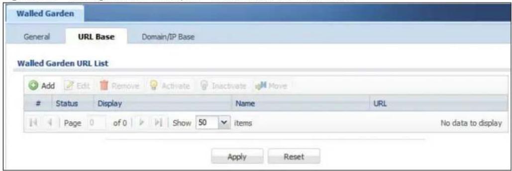 Walled Garden General URL Base Domain/IP Base Walled Garden URL List Add Edit Remove Activate Inactivate Move Status Display Name URL Page 0 of 0 Show 50 items No data to display Apply Reset