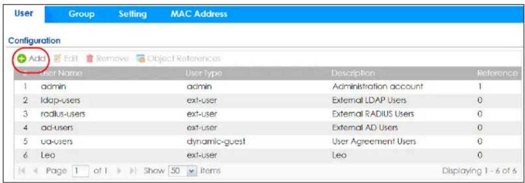 User Group Setting MAC Address Configuration Add Edit Remove Object References User Name User Type Description Reference 1 admin admin Administration account 1 2 Idap-users ext-user External LDAP Users 0 3 radius-users ext-user External RADIUS Users 0 4 ad-users ext-user External AD Users 0 5 ua-users dynamic-guest User Agreement Users 0 6 Leo ext-user Leo 0 Page 1 of 1 Show 50 Items Displaying 1 - 6 of 6