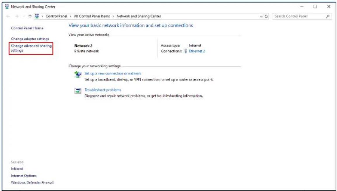 Network and Sharing Center Control Panel Home Change adapter settings Change advanced sharing settings View your basic network information and set up connections View your active networks Network 2 Private network Access type: Internet Connections: Ethernet 2 Change your networking settings Set up a new connection or network Set up a broadband, dial-up, or VPN connection; or set up a router or access point. Troubleshoot problems Diagnose and repair network problems, or get troubleshooting information. See also Infrared Internet Options Windows Defender Firewall