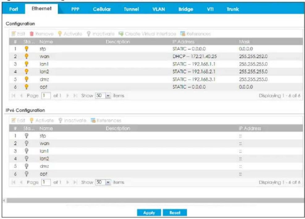 Port Ethernet PPP Cellular Tunnel VLAN Bridge VTI Trunk Configuration Edit Remove Activate inactivate Create Virtual Interface References Sta... Name Description IP Address Mask 1 sp STATIC - 0.0.0.0 0.0.0.0 2 wan DHCP - 172.21.40.25 255.255.252.0 3 lon1 STATIC - 192.168.1.1 255.255.255.0 4 lon2 STATIC - 192.168.2.1 255.255.255.0 5 dmz STATIC - 192.168.3.1 255.255.255.0 6 opt STATIC - 0.0.0.0 0.0.0.0 Page 1 of 1 Show 50 items Displaying 1 - 6 of 6 IPv6 Configuration Edit Activate inactivate References Sta... Name Description IP Address 1 sp STATIC ::. 2 wan STATIC ::. 3 lon1 ::. 4 lon2 ::. 5 dmz ::. 6 opt ::. Page 1 of 1 Show 50 items Displaying 1 - 6 of 6 Apply Reset