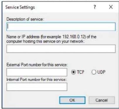 Service Settings Description of service: Name or IP address (for example 192.168.0.12) of the computer hosting this service on your network: External Port number for this service: TCP UDP Internal Port number for this service: OK Cancel
