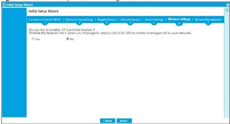 Initial Setup Wizard Connect to Internet (NWW) > Date and Time Settings > Register Device > Achieve Service > Service Settings > Wireless Settings > Remote Management Do you like to enable AP Controller feature ? [Enable this feature ONLY when you manage to deploy USG RLEX 500 to control managed AP in your network] Yes No < Back Next >