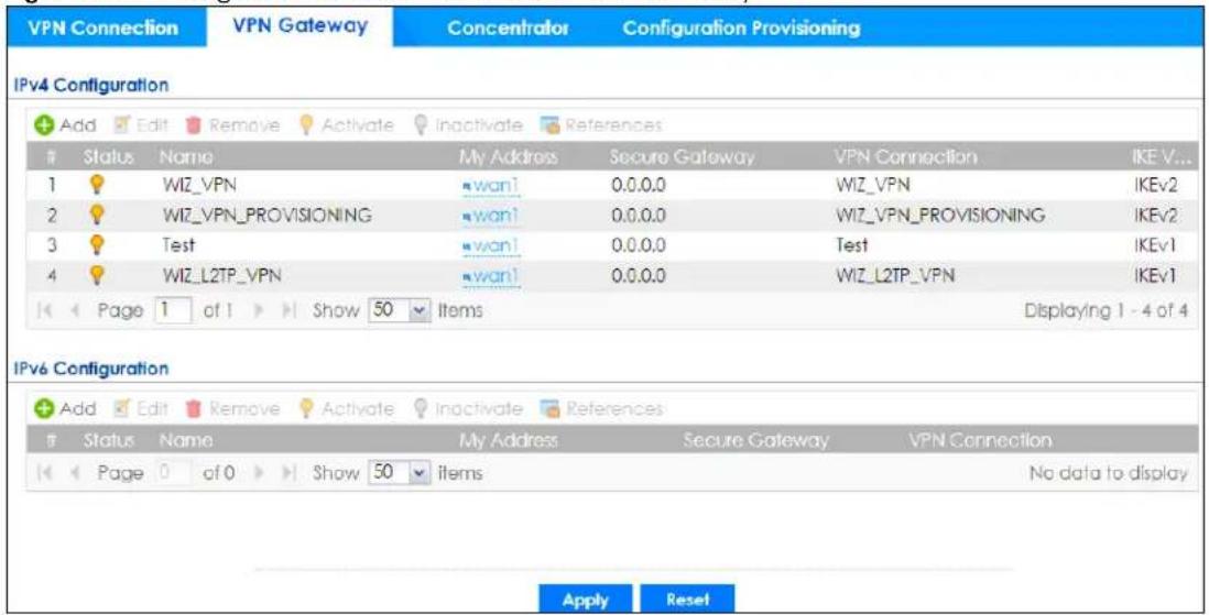VPN Connection VPN Gateway Concentrator Configuration Provisioning IPv4 Configuration Add Edit Remove Activate Inactivate References Status Name My Address Secure Gateway VPN Connection IKE V... 1 WIZ_VPN wan1 0.0.0.0 WIZ_VPN IKEv2 2 WIZ_VPN_PROVISIONING wan1 0.0.0.0 WIZ_VPN_PROVISIONING IKEv2 3 Test wan1 0.0.0.0 Test IKEv1 4 WIZ_L2TP_VPN wan1 0.0.0.0 WIZ_L2TP_VPN IKEv1 Page 1 of 1 Show 50 Items Displaying 1 - 4 of 4 IPv6 Configuration Add Edit Remove Activate Inactivate References Status Name My Address Secure Gateway VPN Connection Page 0 of 0 Show 50 Items No data to display Apply Reset