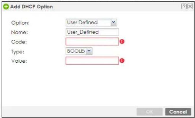 Add DHCP Option Option: User Defined Name: User_Defined Code: Type: BOOL/ Value: