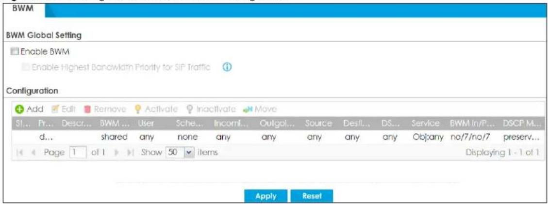 BWM BWM Global Setting Enable BWM Enable Highest Bandwidth Priority for SIP Traffic Configuration Add Edit Remove Activate Inactivate Move SI... Pr... Descr... BWM ... User Schel... Incoml... Outgol... Source Desll... DS... Service BWM In/P... DSCP M... d... shared any none any any any any any any Obj:any no/7/no/7 preserv... Page 1 of 1 Show 50 items Displaying 1 - 1 of 1 Apply Reset