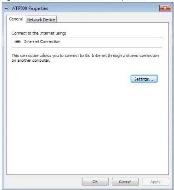 ATP500 Properties General Network Device Connect to the Internet using: Internet Connection This connection allows you to connect to the Internet through a shared connection on another computer. Settings... OK Cancel Apply