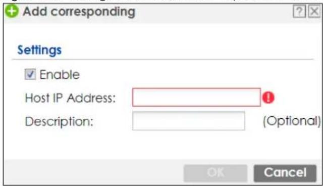 Add corresponding Settings Enable Host IP Address: Description: (Optional) OK Cancel