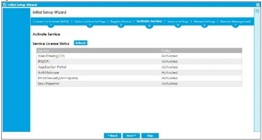Initial Setup Wizard Connect to Internet (WAN) > Date and Time Settings > Register Device > Activate Service > Service Settings > Wireless Settings > Remote Management 1 2 3 4 5 6 7 Activate Service Service License Status Refresh Service Status Web Filtering(CF) Activated IPS(IDP) Activated Application Patrol Activated Anti-Malware Activated Email Security(Anti-Spam) Activated SecuReporter Activated < Back Next > Skip